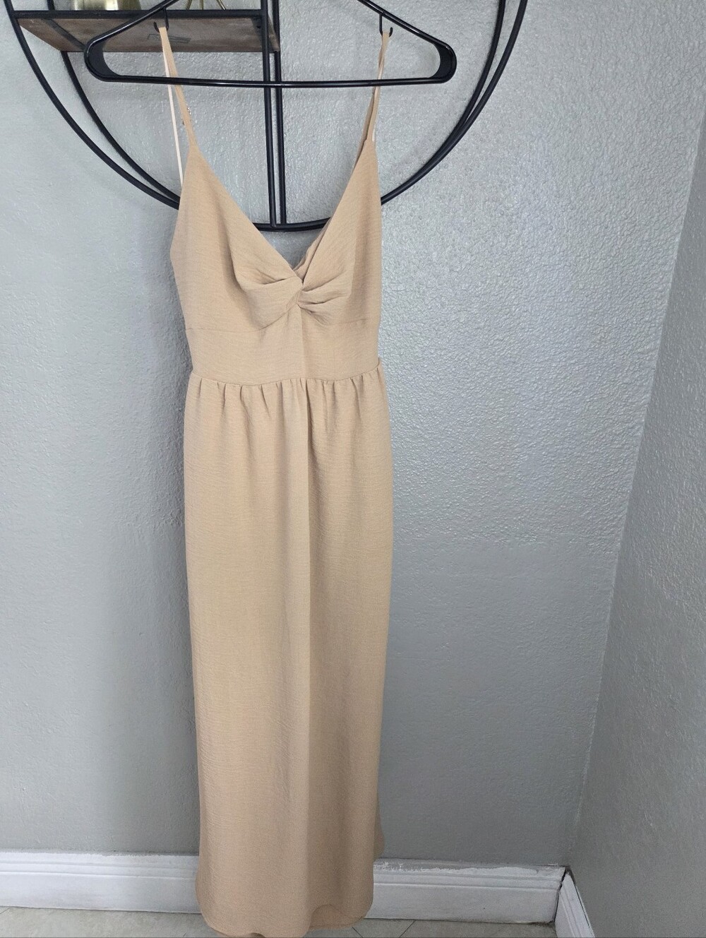 Spaghetti Strap Twist-Front Maxi Dress Tie In The Back in Beige